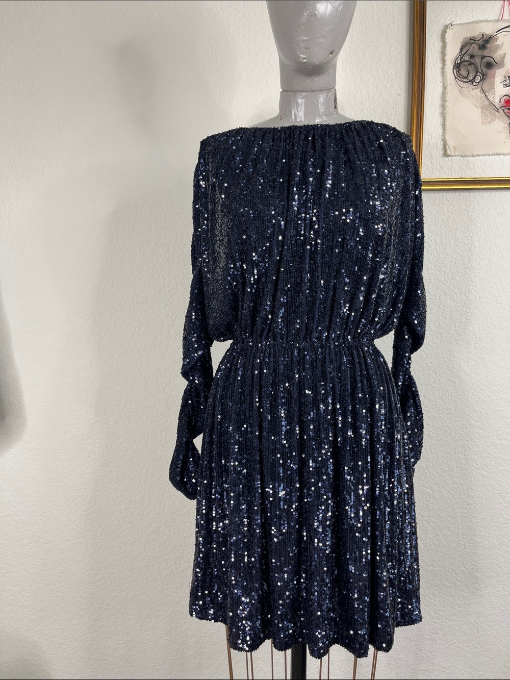 Saint Laurent SS 2020 Collection Sequin Boatneck Long Ruched Sleeve Mini Dress